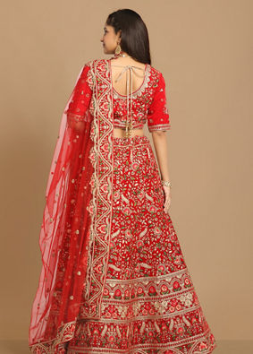 alt message - Mohey Women Red Floral Embroidered Lehenga image number 3